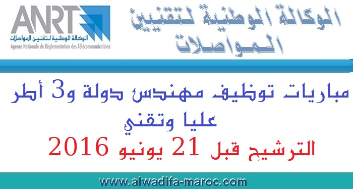 الوكالة الوطنية لتقنين المواصلات: مباريات توظيف مهندس دولة و3 أطر عليا وتقني. الترشيح قبل 21 يونيو 2016